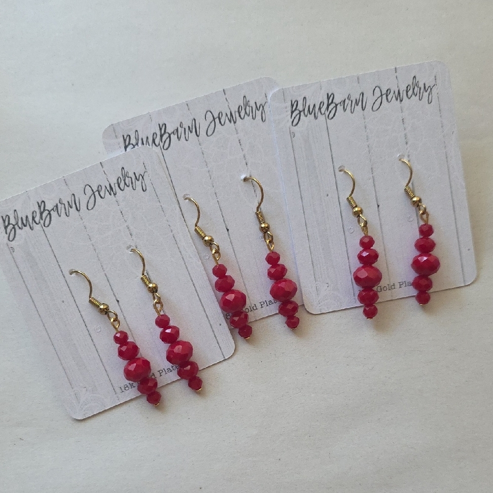 Red Beaded Earrings 18k Gold Plated Set of 3